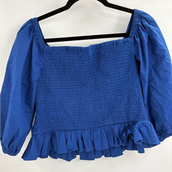 Express Blue Puff Sleeve Peplum Blouse Smocked Ruffle Hem Draped Front Top large - Picture 13 of 13